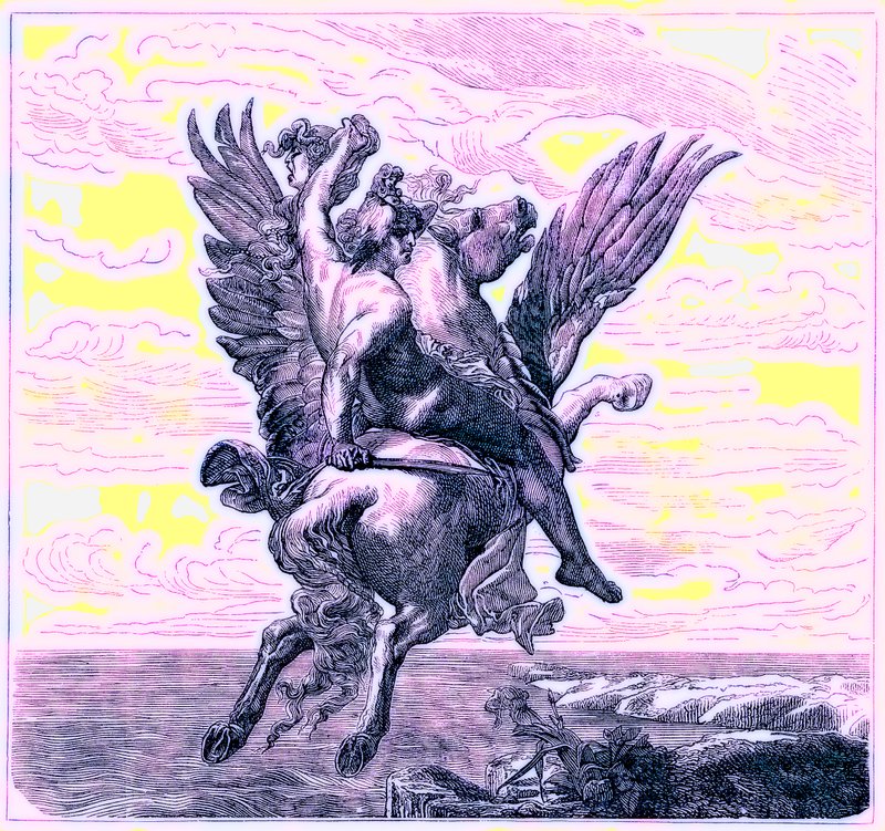 Perseus siivekkäällä hevosella Pegasus, Medusas-pää, kuvitus teoksesta The Illustrated History of the World, julkaistu n. 1880 (digitaalisesti paranneltu kuva) tekijältä English School