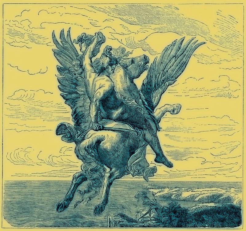 Perseus siivekkäällä hevosella Pegasus, Medusan pää, kuvitus julkaisusta "The Illustrated History of the World", julkaistu n. 1880 (digitaalisesti paranneltu kuva) tekijältä English School
