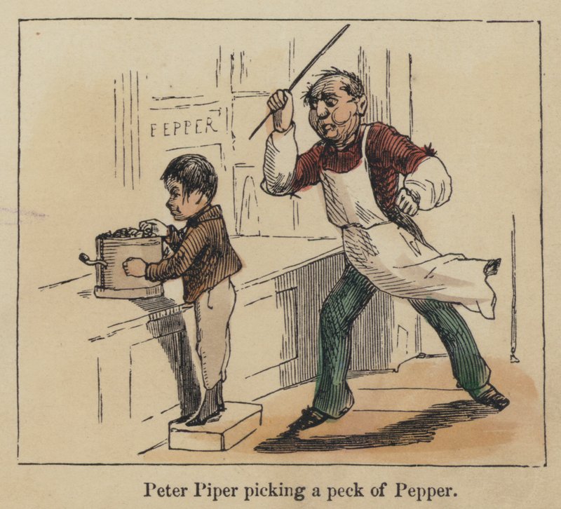 Peter Piper poimimassa pippuria (värillinen kaiverrus) tekijältä English School