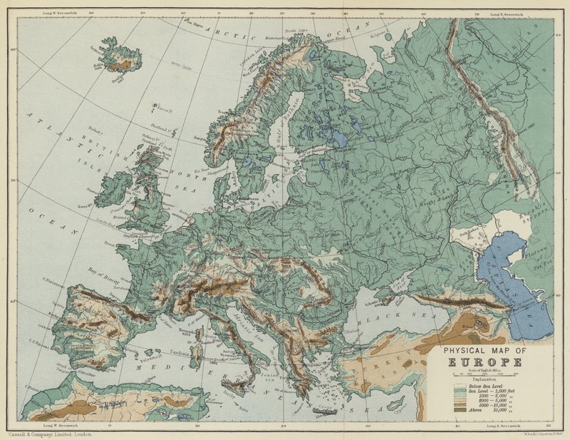 Euroopan fyysinen kartta (värillinen litografia) tekijältä English School