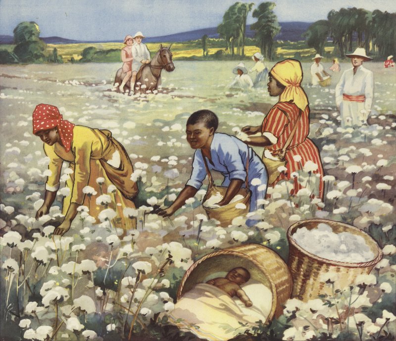 Puuvillan poiminta amerikkalaisella istutuksella (väri litho) tekijältä English School