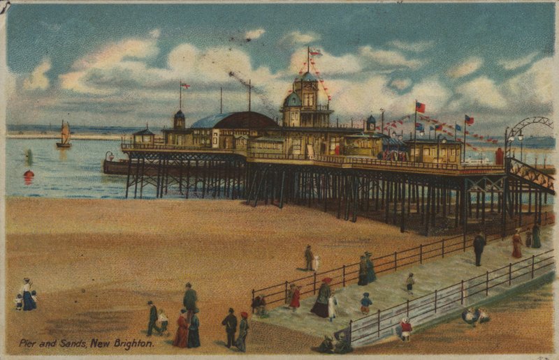 Laituri ja hiekka, New Brighton, Merseyside (väri litho) tekijältä English School