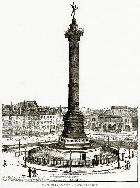 Place de la Bastille ja heinäkuun pylväs, H. Sutherland Edwardsin kuvitus vanhasta ja uudesta Pariisista, 1893 tekijältä English School