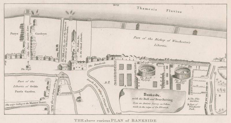 Thames-joen Bankside-suunnitelma, joka perustuu kuningatar Elisabetin hallituskaudella tehtyyn muinaiseen tutkimukseen, jossa näkyy härkä ja karhu syöttivät tekijältä English School