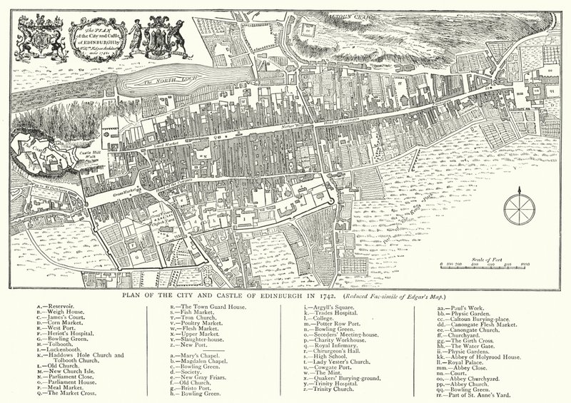 Edinburghin kaupungin ja linnan suunnitelma 1742 (kaiverrus) tekijältä English School