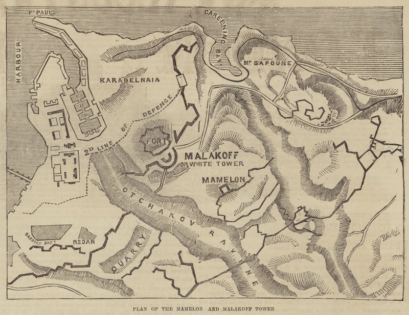 Mamelon- ja Malakoff-tornin suunnitelma (kaiverrus) tekijältä English School