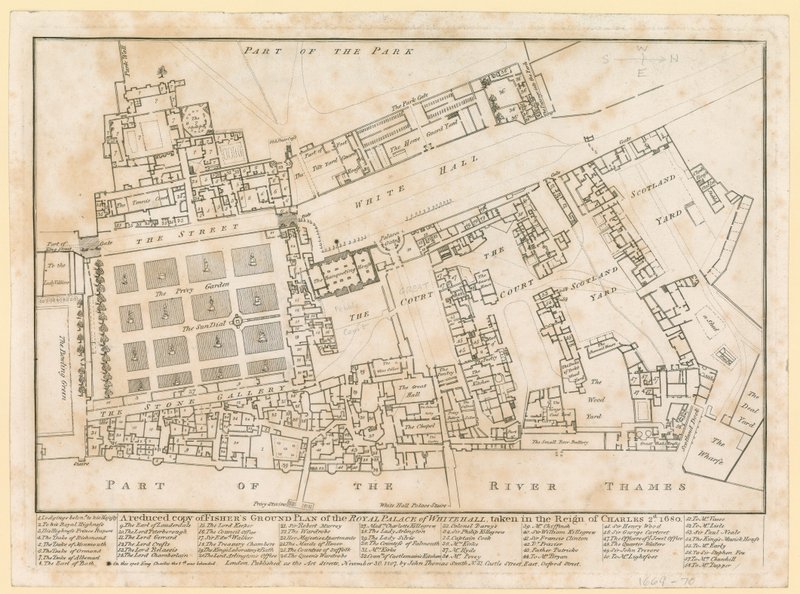 Whitehallin palatsin suunnitelma, otettu Kaarle II:n hallituskaudella 1680 tekijältä English School