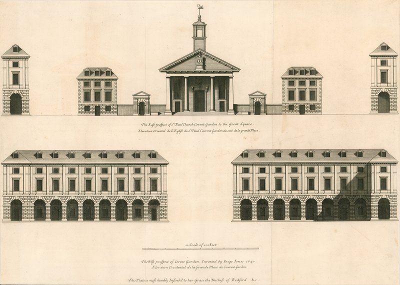 Suunnitelma St Pauls Churchin itäprospektista, Covent Gardenista ja Covent Gardenin länsinäkymästä tekijältä English School