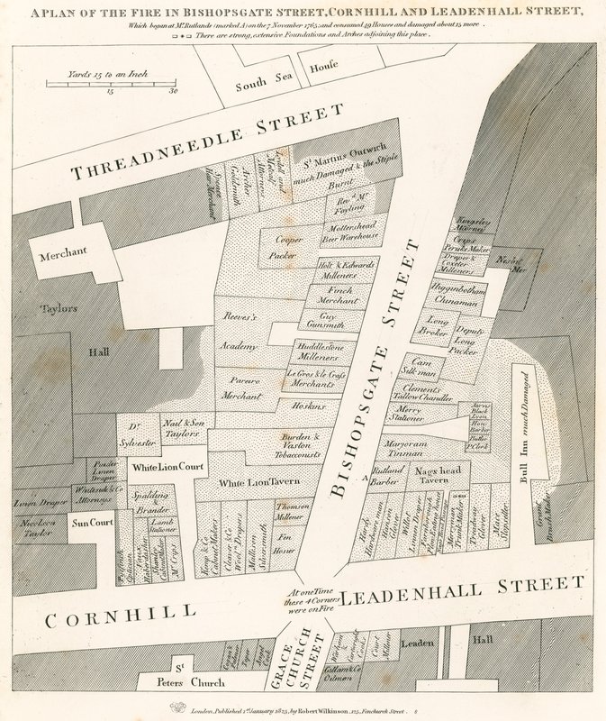 Suunnitelma tulipalosta Bishopsgate Streetillä, Cornhillillä ja Leadenhall Streetillä Lontoossa, joka alkoi 7. marraskuuta 1765 tekijältä English School