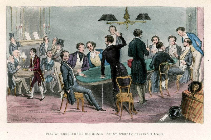 Pelaa Crockfords Clubilla, 1843; Kreivi DOrsey soittaa päälinjan tekijältä English School