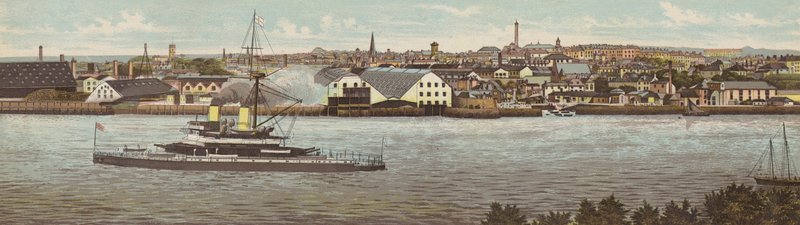 Plymouth: Devonport ja HMS Devastation (väri litho) tekijältä English School