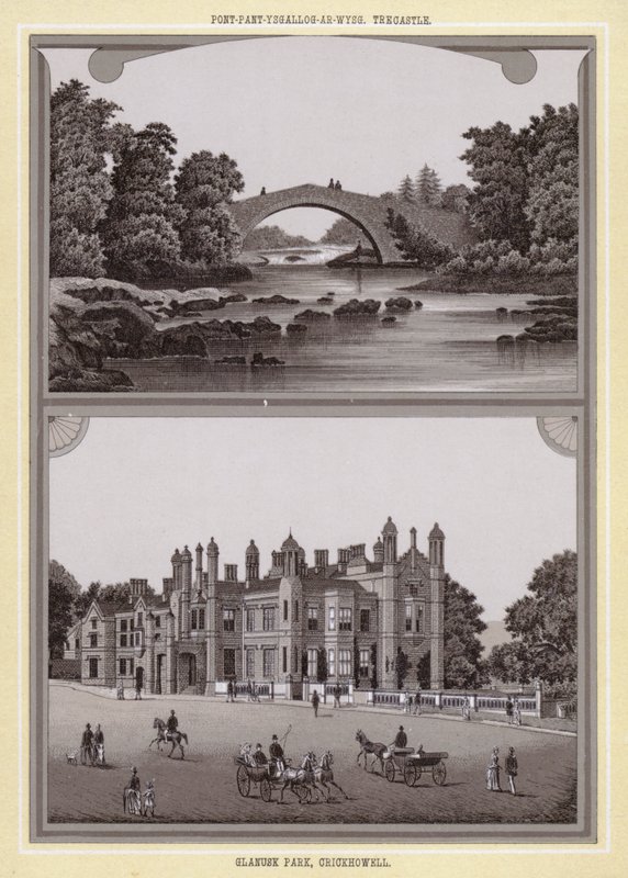 Pont-pant-scallog-on-usg, Trecastle; Glanusk Park, Crickhowell (litho) tekijältä English School