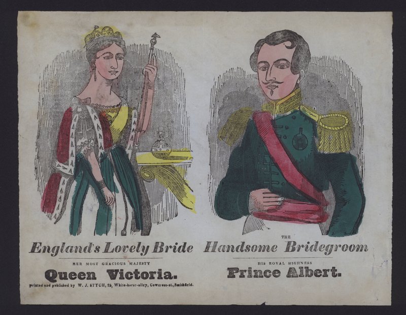 Suosittu kuvitus kuningatar Victorian ja prinssi Albertin häistä (värillinen kaiverrus) tekijältä English School