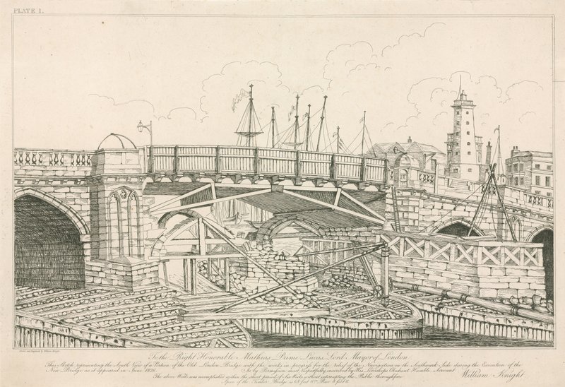 Osa Old London Bridgestä, piirretty vuonna 1826 rakennustöiden aikana tekijältä English School