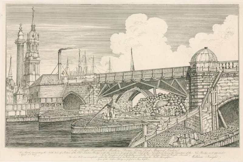 Osa Old London Bridgestä, piirretty vuonna 1827 rakennustöiden aikana tekijältä English School