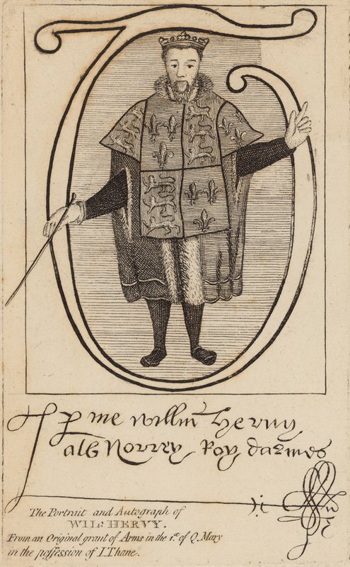 Muotokuva ja nimikirjoitus Wil Hervystä (William Harvey) tekijältä English School