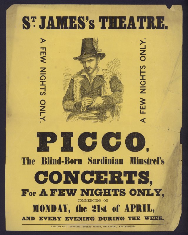 Juliste, joka mainostaa sokean Sardinian Minstrelin Piccon konsertteja St James