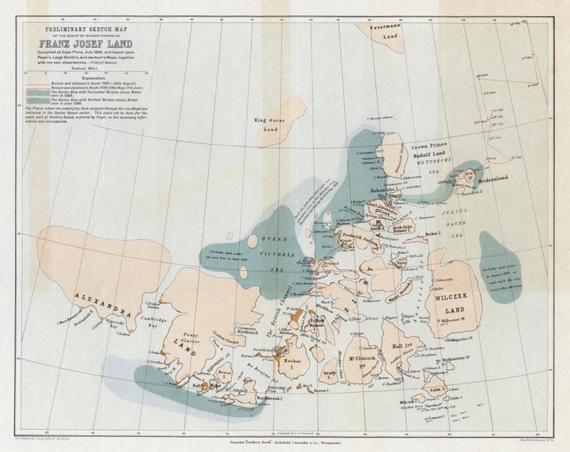 Alustava luonnoskartta saariryhmästä, joka tunnetaan nimellä Franz Josef Land tekijältä English School