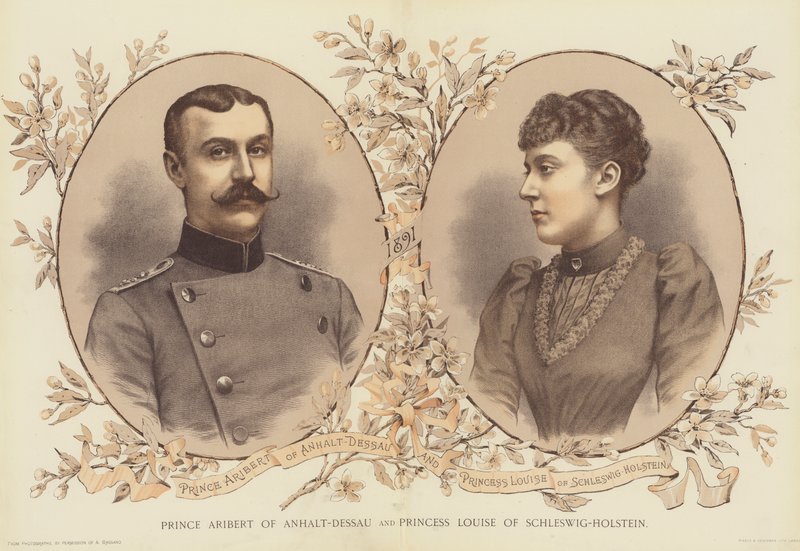 Anhalt-Dessaun prinssi Aribert ja Schleswig-Holsteinin prinsessa Louise (chromolitho) tekijältä English School