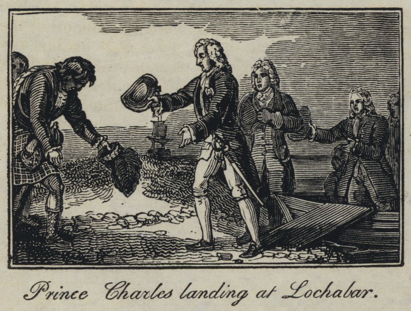 Prinssi Charles laskeutumassa Lochabariin (kaiverrus) tekijältä English School