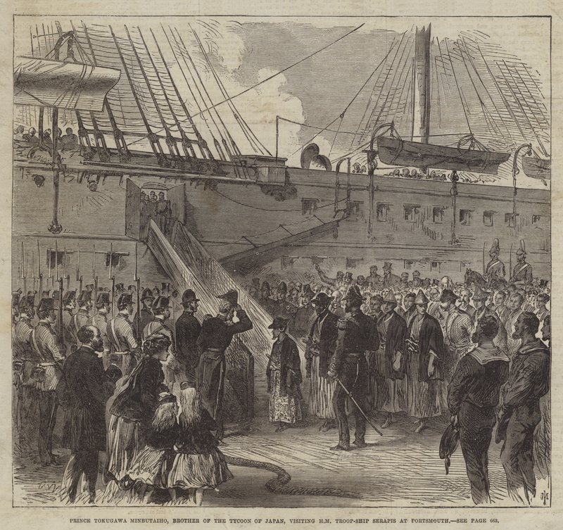 Prinssi Tokugawa Minbutaiho, Japanin Tycoonin veli, vierailemassa HM:n joukkolaivassa Serapis Portsmouthissa (kaiverrus) tekijältä English School