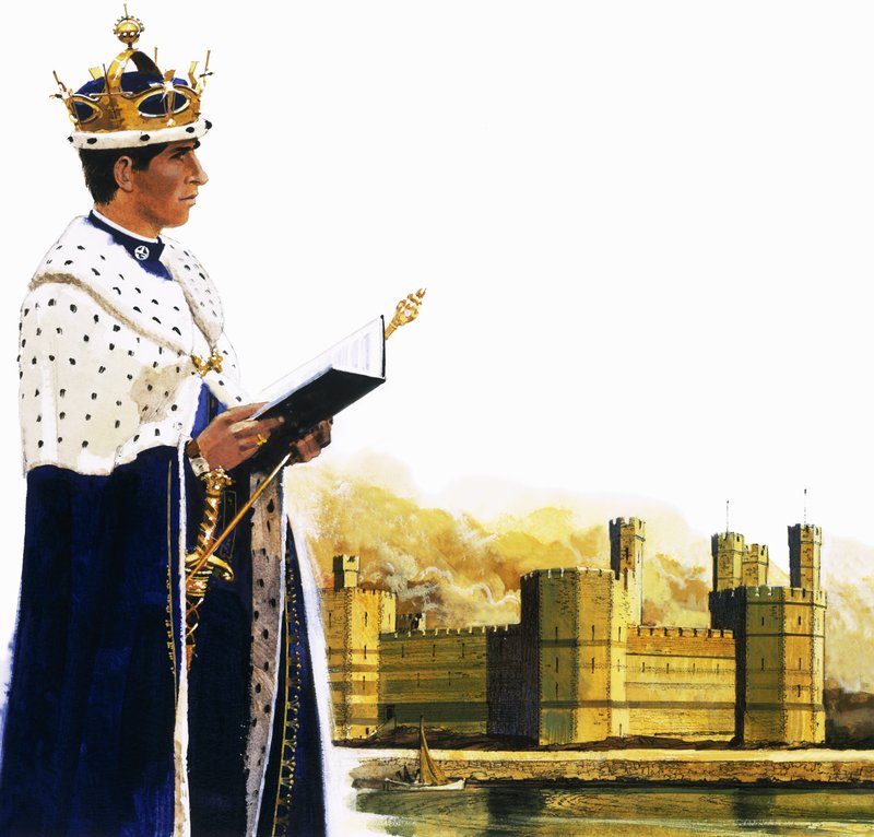 Walesin prinssi Caernarvonin linnan edessä tekijältä English School
