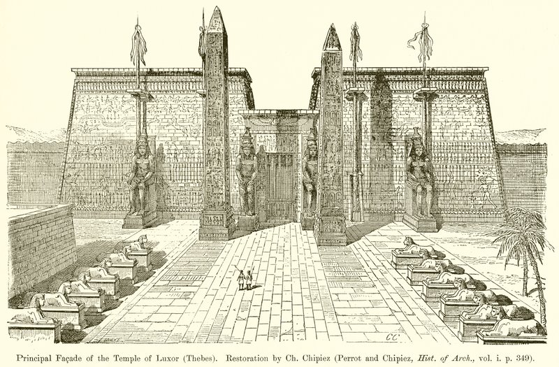 Luxorin temppelin pääjulkisivu (Thebes). Restaurointi Ch. Chipiez (Perrot ja Chipiez, Hist. of Arch., vol. i. s. 349) tekijältä English School