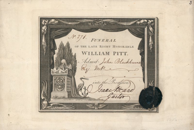 Pääsylippu kulkueeseen William Pittin hautajaisiin tekijältä English School