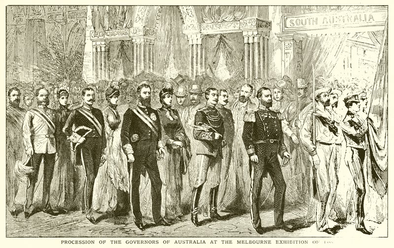 Australian kuvernöörien kulkue Melbournen näyttelyssä 1888 tekijältä English School