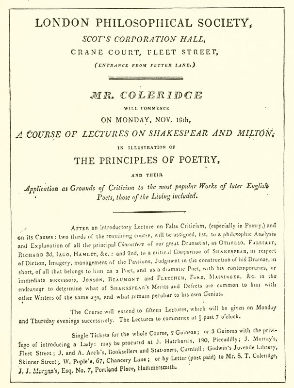 Coleridgen luentojen ohjelma vuodelta 1808 tekijältä English School