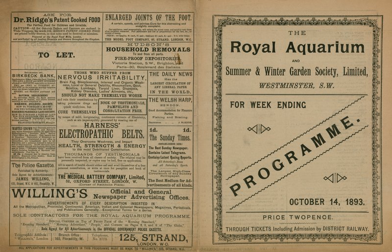 Tapahtumaohjelma Royal Aquariumissa tekijältä English School