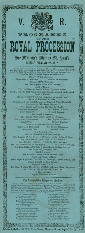Kuninkaallisen kulkueen ohjelma Hänen Majesteettinsa vierailun yhteydessä Pyhän Paavalin katedraaliin Lontoossa 27. helmikuuta 1872 tekijältä English School