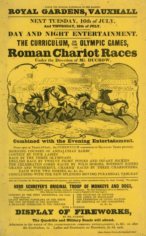 Opetussuunnitelman mainoslehtinen; tai Olympialaiset ja Roman Chariot Race Royal Gardensissa, Vauxhallissa, Lontoossa tekijältä English School