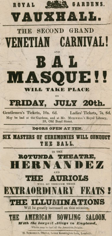 Mainoslehtinen toiselle suurelle venetsialaiselle karnevaalille ja Bal Masquelle Royal Gardensissa, Vauxhallissa, Lontoossa tekijältä English School