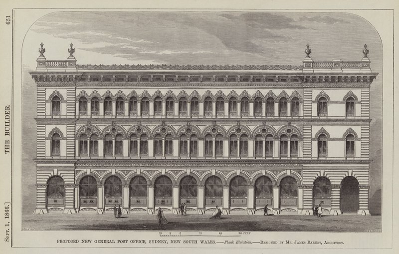 Ehdotettu uusi pääpostitoimisto, Sydney, Uusi Etelä-Wales, Flank Elevation, suunnittelija James Barnet, arkkitehti (kaiverrus) tekijältä English School