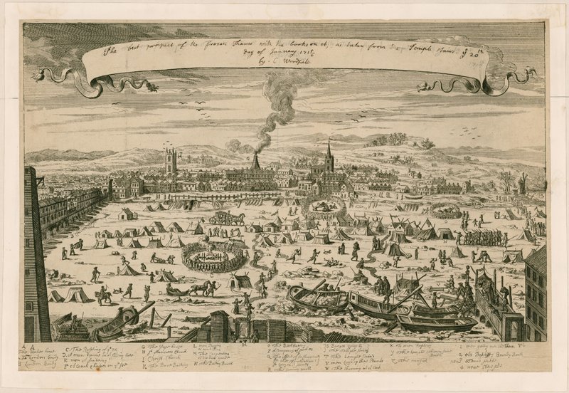 Jäätyneen Thamesin mahdollisuus, otettu temppelin portaista 20. tammikuuta 171516 tekijältä English School