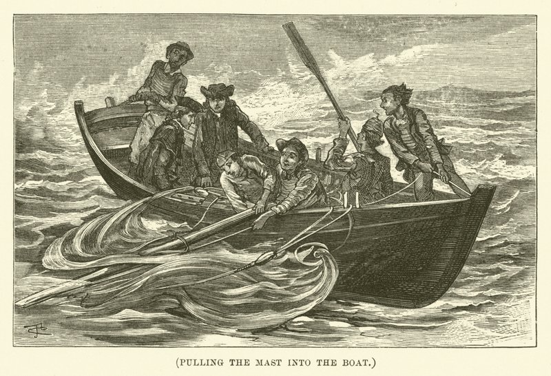 Maston vetäminen veneeseen (kaiverrus) tekijältä English School