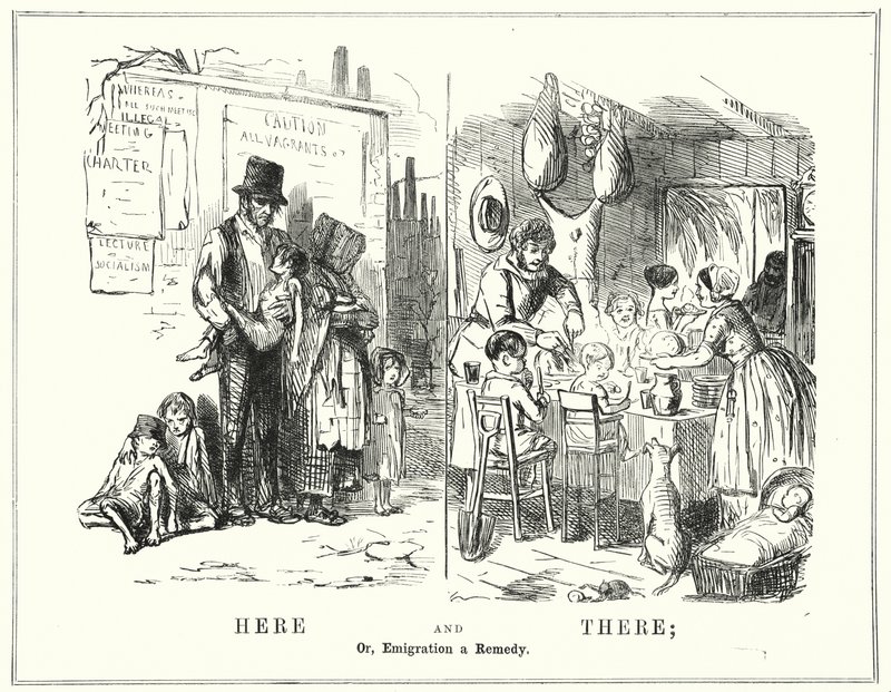 Punch cartoon: Here and There, o, Emigration a Remedy (gravat)finlandès tekijältä English School