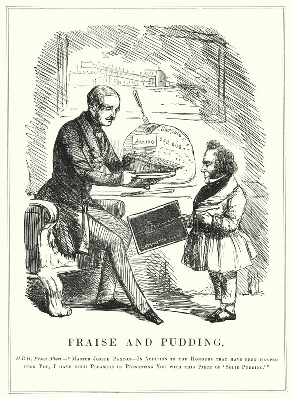 Punch-sarjakuva: Ylistys ja vanukas: Prinssi Albert palkitsee Joseph Paxtonin Crystal Palacen suunnittelusta vuoden 1851 onnistuneelle suurelle näyttelylle Lontoon Hyde Parkissa (kaiverrus) tekijältä English School