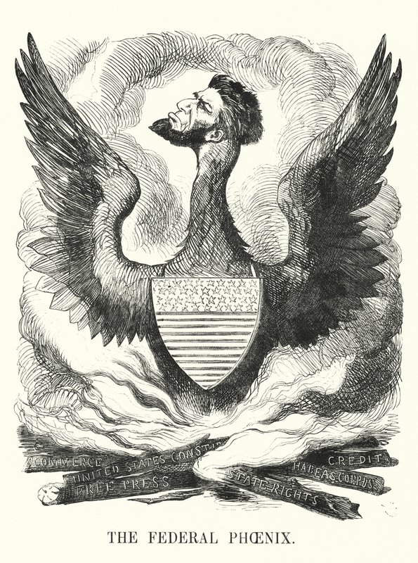 Punch-sarjakuva: Federal Phoenix - Abraham Lincolnin uudelleenvalinta Yhdysvaltain vuoden 1864 presidentinvaaleissa (kaiverrus) tekijältä English School