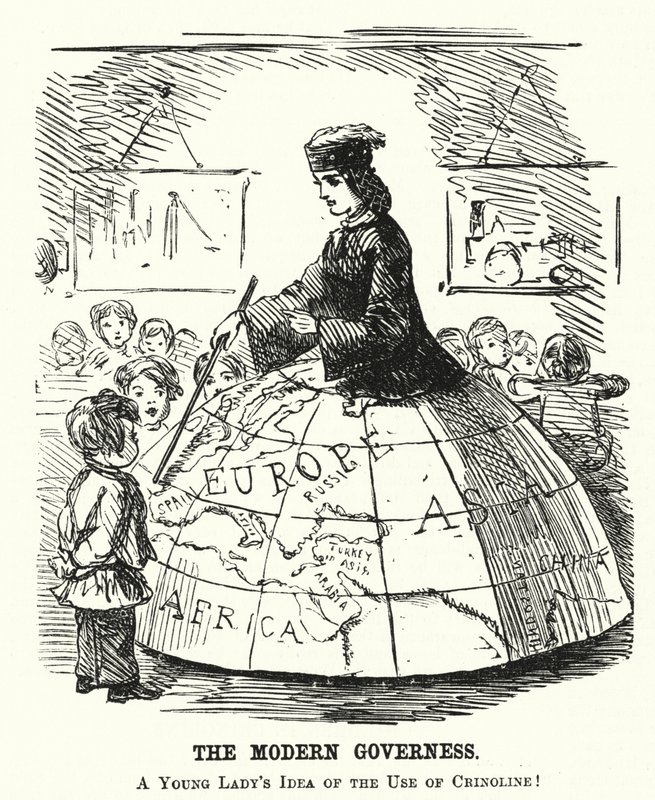 Punch-sarjakuva: The Modern Governess - leveä vannehame, joka toimii maantieteen opetuksen apuvälineenä (kaiverrus) tekijältä English School