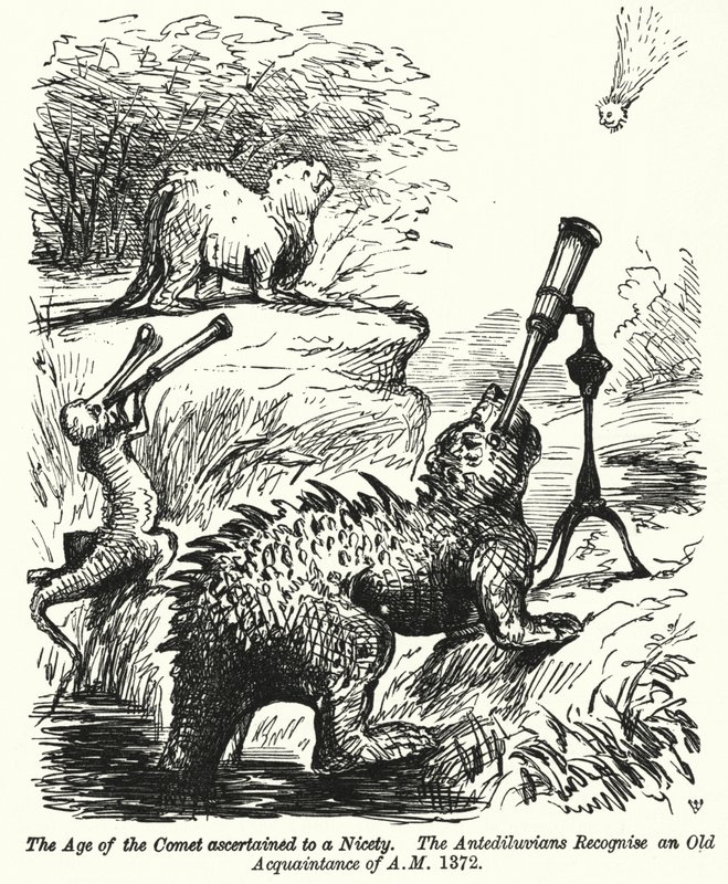 Punch-sarjakuva: dinosaurukset katsomassa komeetta (kaiverrus) tekijältä English School