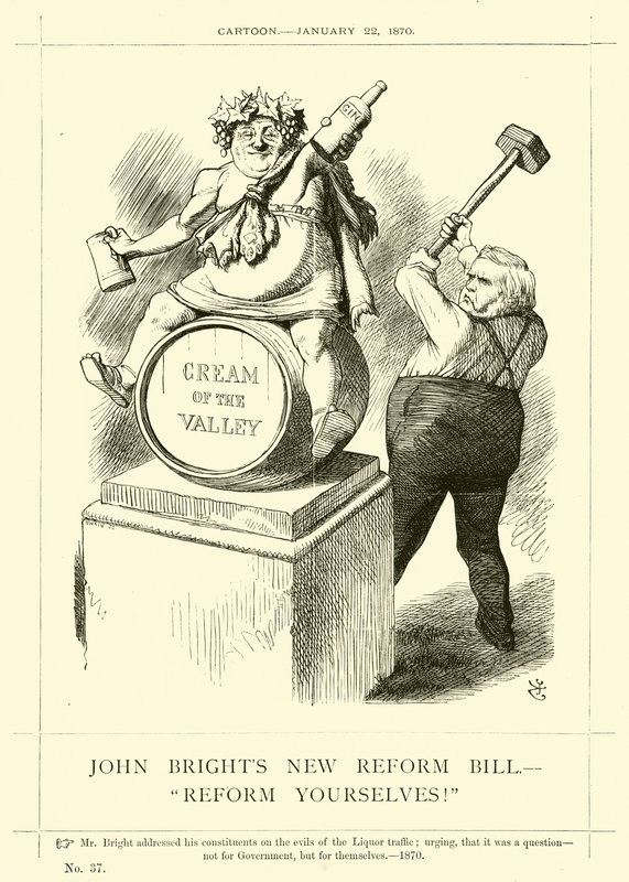 Punch-sarjakuva liittyen John Brightiin: John Brightin uusi uudistuslaki, "Reform Yourselves!", 22. tammikuuta 1870 (kaiverrus) tekijältä English School