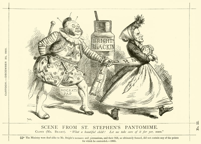 Punch-sarjakuva liittyen John Brightiin: Kohtaus St Stephenin pantomiimista, 30. joulukuuta 1865 (kaiverrus) tekijältä English School