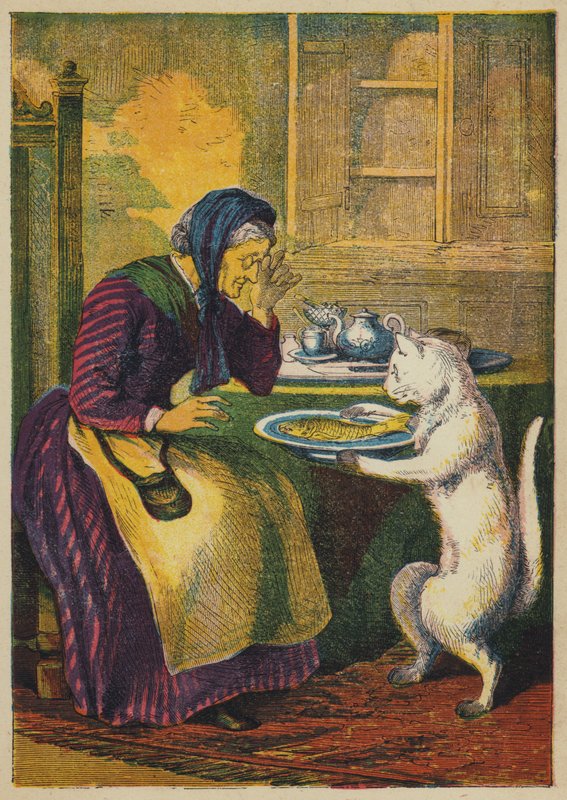Puss tuo kalaa (väri litho) tekijältä English School