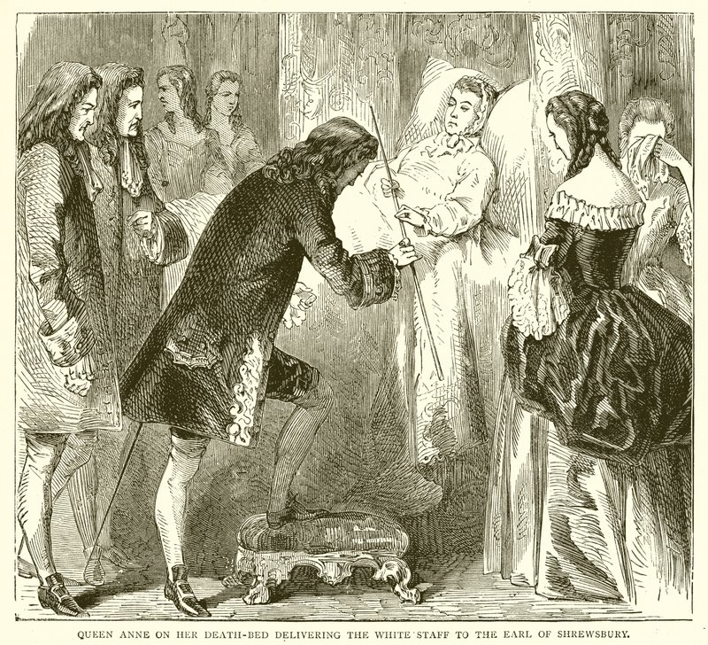 Kuningatar Anne kuolinsängyllään toimittamassa valkoista sauvaa Earl of Shrewsburylle tekijältä English School