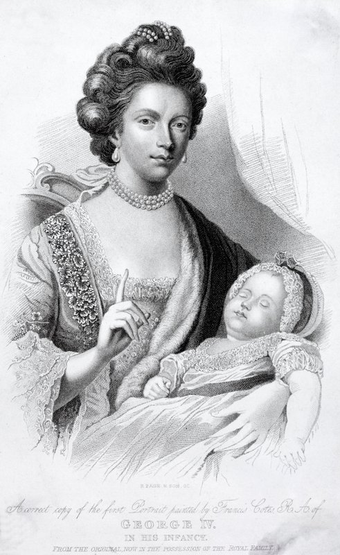 Kuningatar Charlotte, kuningas George III:n puoliso poikavauvan, tulevan prinssi Regentin ja kuningas George IV:n kanssa tekijältä English School