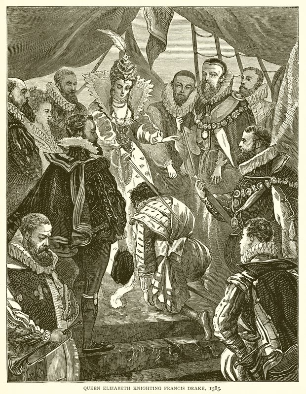 Kuningatar Elisabet ryöstää Francis Draken, 1585 tekijältä English School
