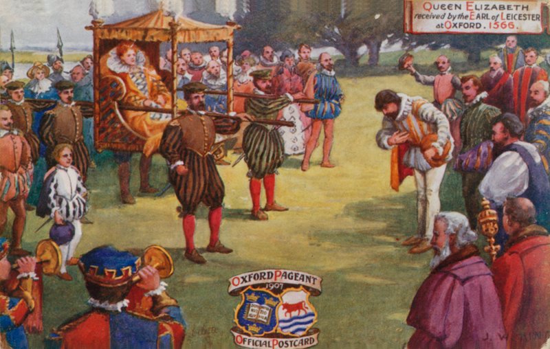 Leicesterin jaarli vastaanotti kuningatar Elisabetin Oxfordissa, 1566 tekijältä English School
