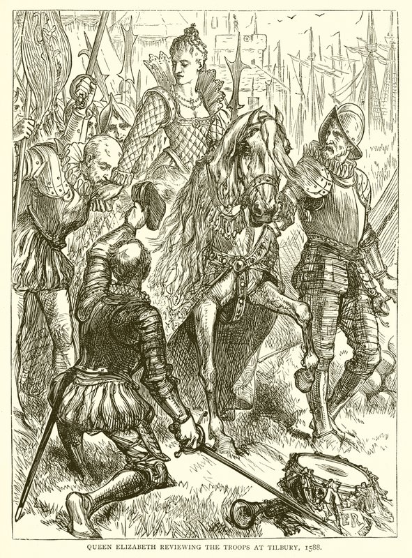 Kuningatar Elizabeth arvioi joukkoja Tilburyssa, 1588 tekijältä English School
